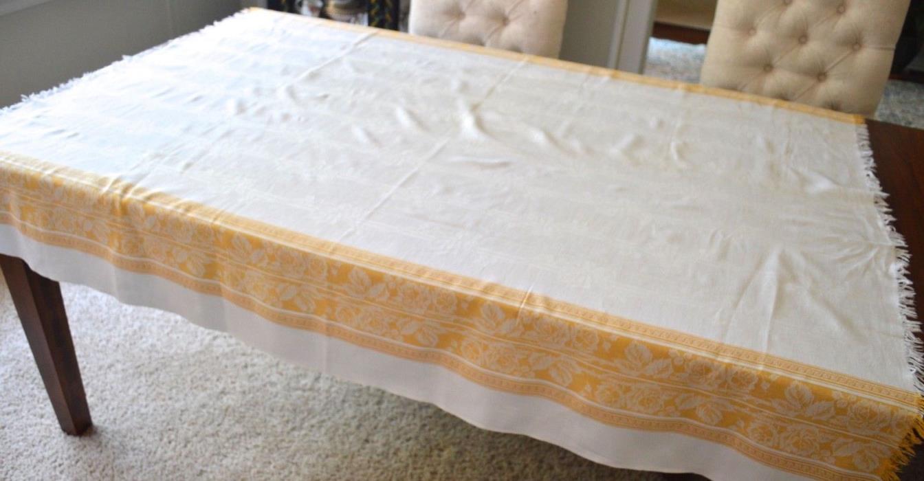 VINTAGE TABLECLOTH WHITE WITH GOLD ROSES FLORAL DAMASK TRIM FRINGED EDGE 56X64