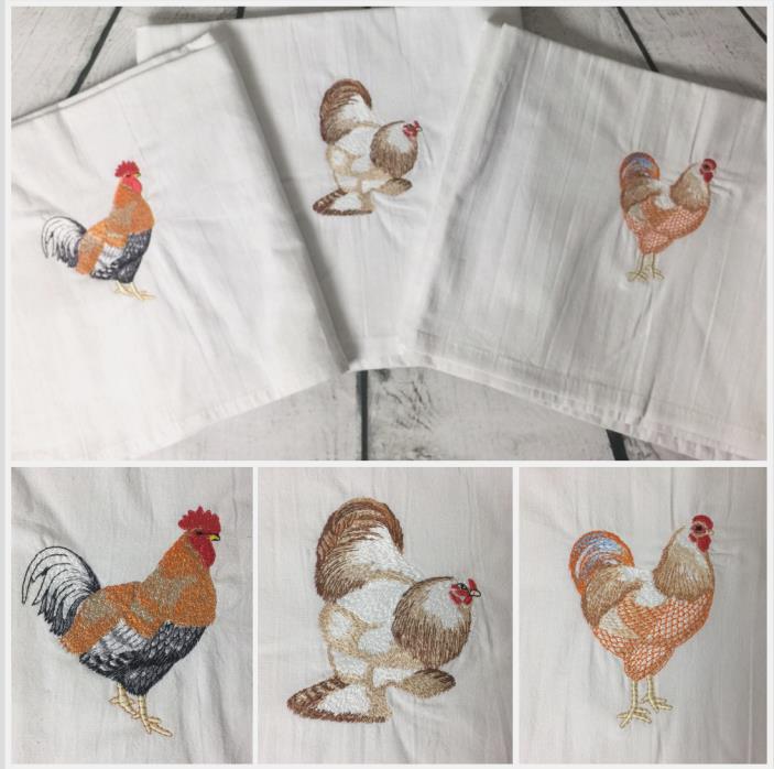 Lot o 3 Cotton White Cross Stitch Roosters Tablecloth Country Farm House 35 x 48