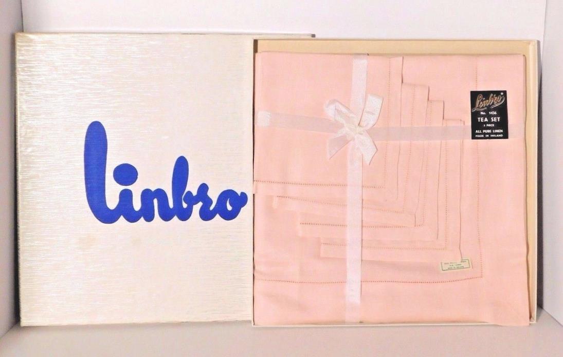 Vtg. Linbro Pink Linen Table Cloth w/ 4 Napkins Tea set 40'' Ireland NIB