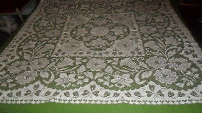 VTG. QUAKER LACE OFF- WHITE w Brown OUTLINE TABLECLOTH -DAISY/DAFFODIL-46 X 46
