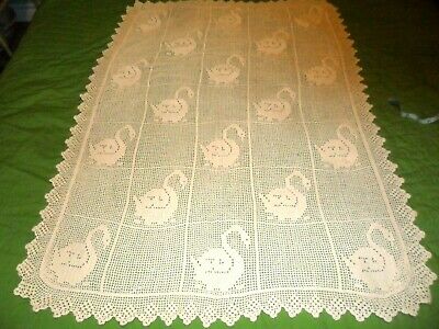 VINTAGE HAND CROCHETED  'SWAN' PATTERN BEIGE COTTON  LACE TABLECLOTH - 28 X 36
