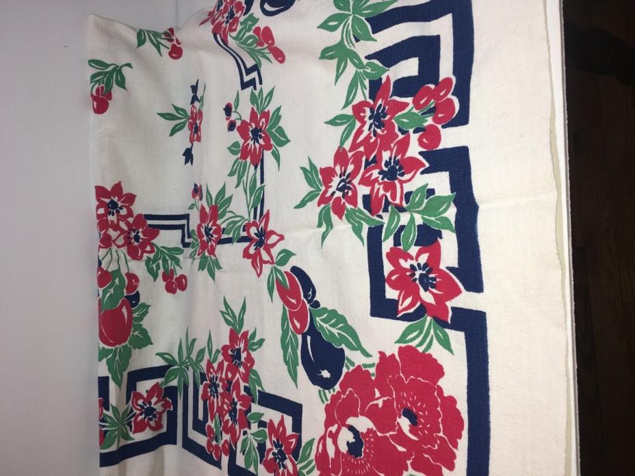 Vintage Fruit Tablecloth Cherries Plums Apple Poppy Flowers Great Colors