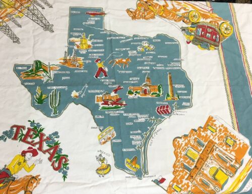 Souvenir TEXAS State Map Cotton Tablecloth Alamo US Navy Oil Cowboy