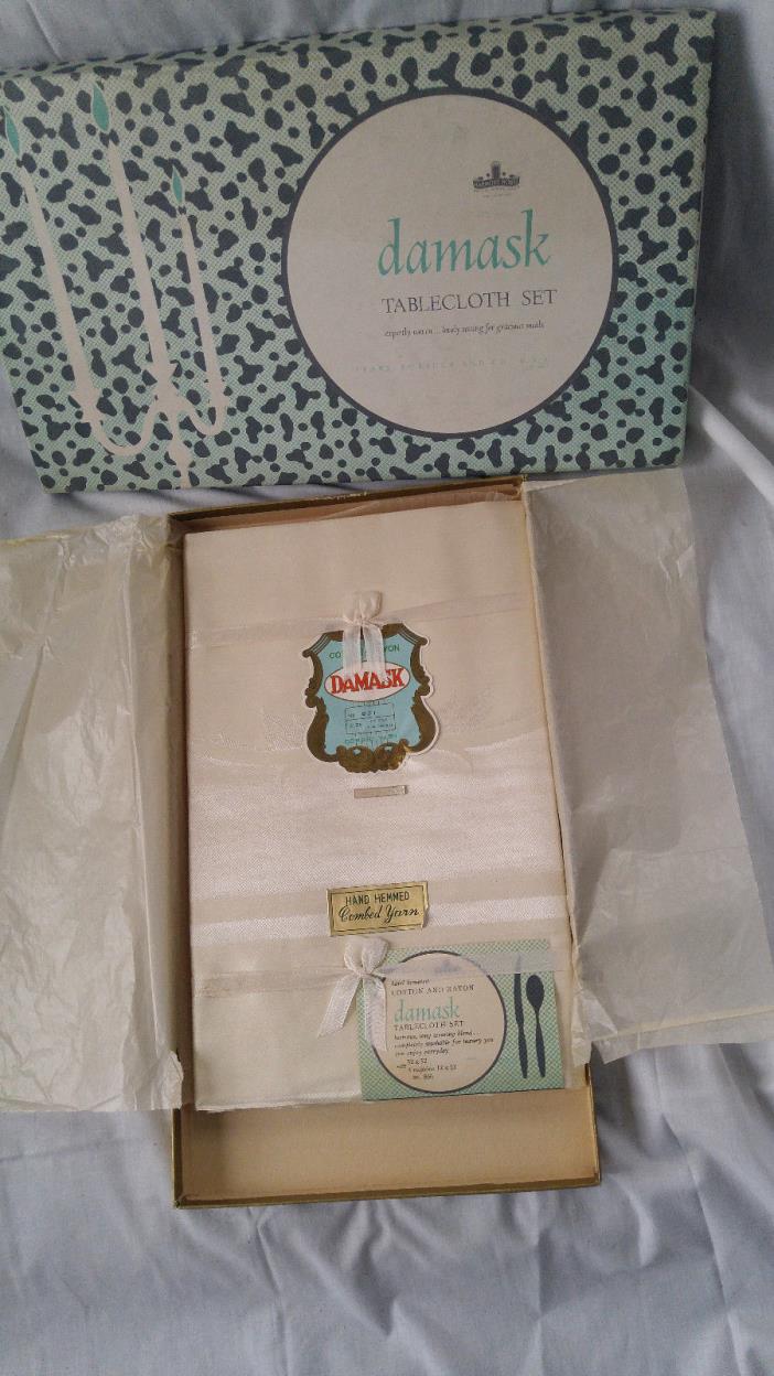 NIB Vintage Ivory Damask Cotton Hand Hemmed Table Cloth Napkin Set Combed Yarn