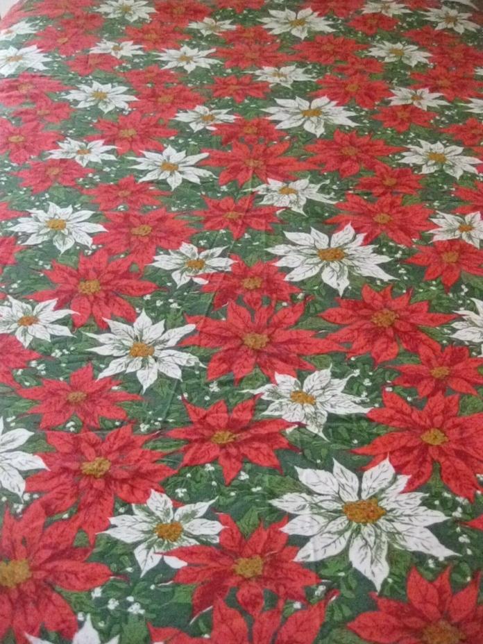 Vintage Poinsettia Tablecloth Xmas Holiday Red,Green Cotton Rectangle 60 x 76 CC