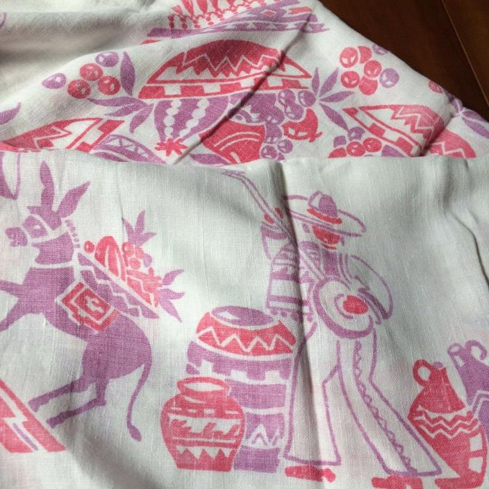 Vtg tablecloth white linen pink lavender señor senorita Mexican Cinco Fiesta