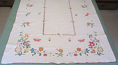 VintageTablecloth 66 x 53 HAND PAINTED Flowers Print Floral