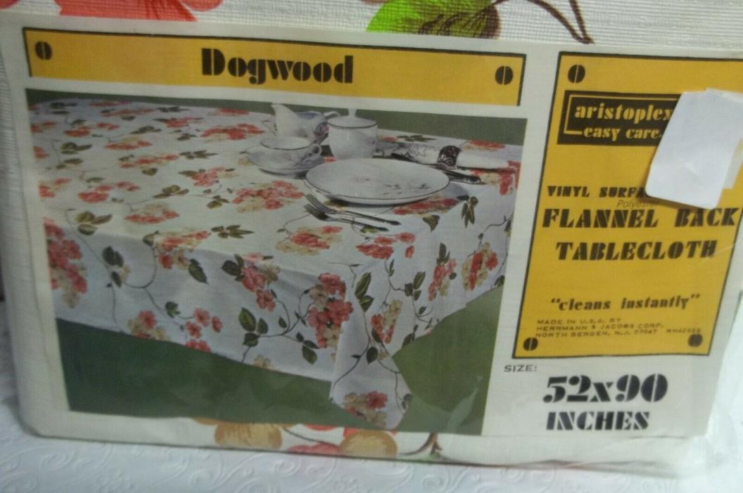 NEW Vintage Vinyl Flannel Back Tablecloth 52 x 90 DOGWOOD Floral Print