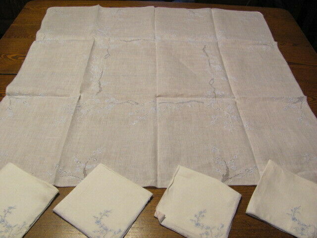 Elegant vintage small white tablecloth blue embroidery napkins open work