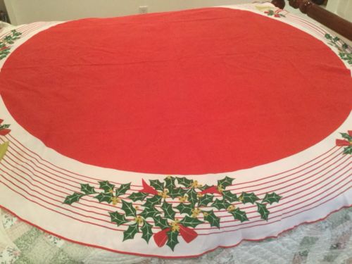 Vera 69” Round Red Christmas Tablecloth Holly & Horns