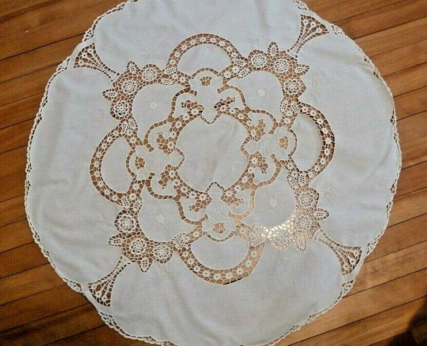 VINTAGE ROUND CUTWORK, LACE AND EMBROIDERD TABLE TOPPER-ECRU-35