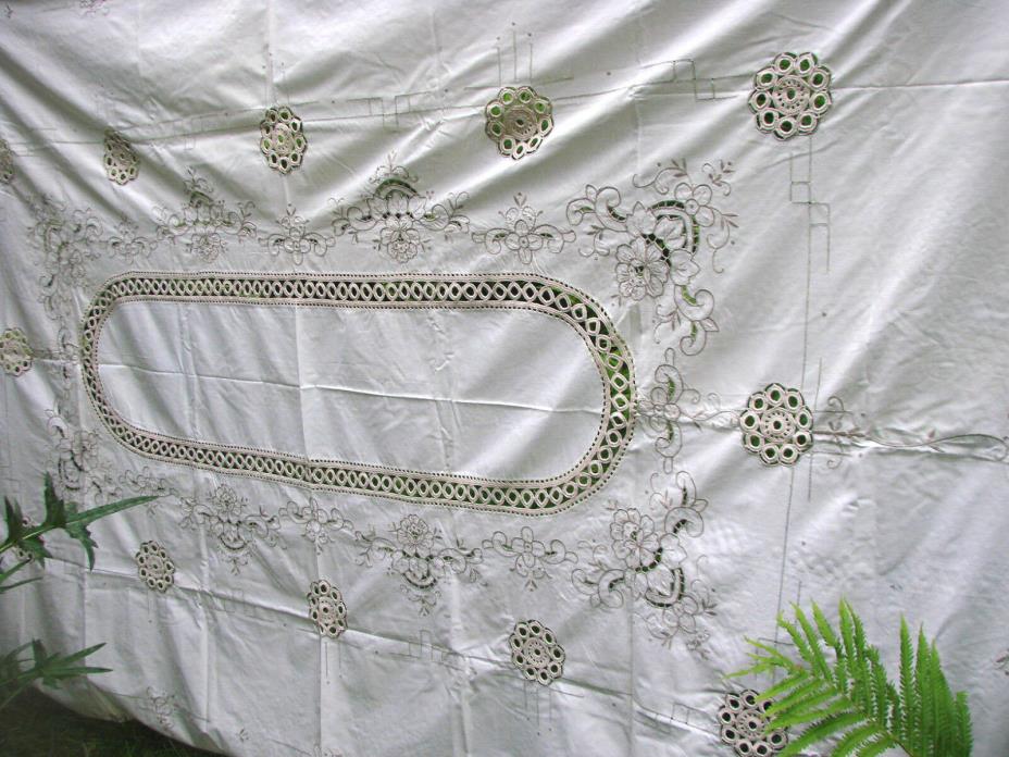 Vintage Tablecloth Embroidered Cut Work 65x98 Madeira LACE INSETS