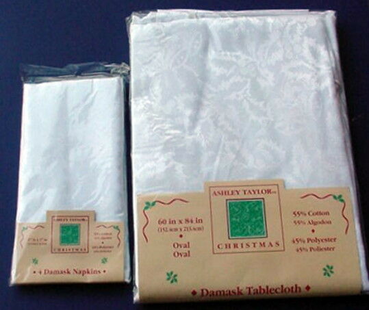 Vintage NOS Ashley Taylor CHRISTMAS DAMASK white Tablecloth 60x84 & 4 Napkin new