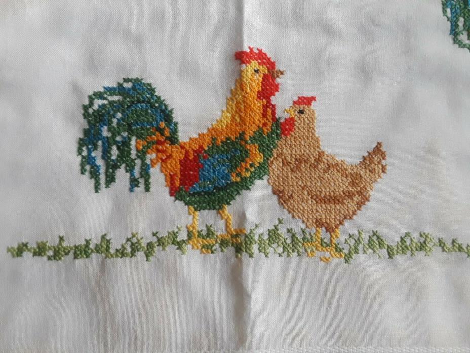 Hand Cross Stitched White Cotton Linen Colorful Chickens Table Topper 30