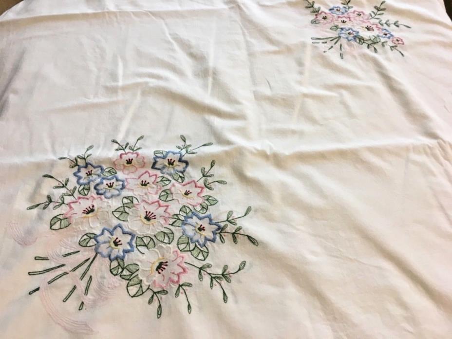 Vintage Embroidererd White Tablecloth Floral Beautiful Linen 64 X 103 SKU 061-23