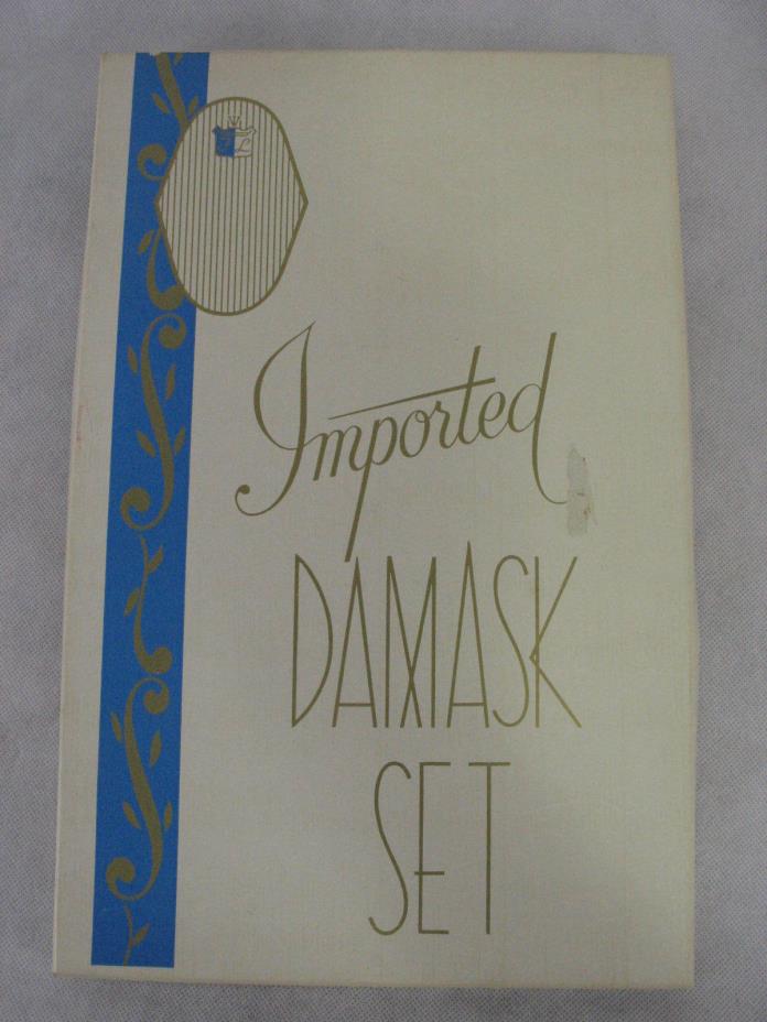 Vintage Imported Damask Set Tablecloth 6 Napkins In Original Box 48 x 64 NOS FL