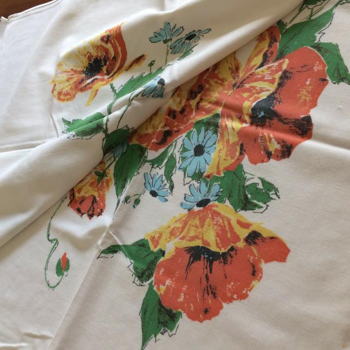 Vtg tablecloth white orange yellow poppy blue daisy floral 52x44