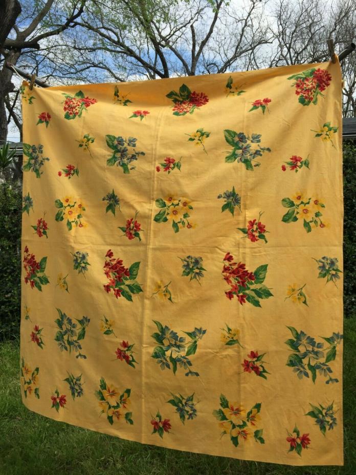 Vintage Tablecloth Wilendur Flower Print Overdyed in Sunny Yellow 52x54 Fabulous