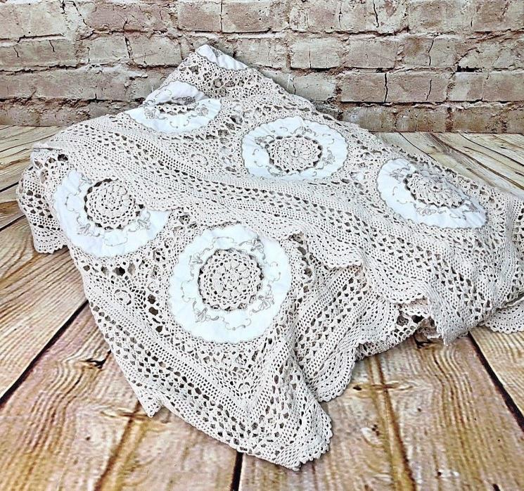 Vintage Beige lace Crochet table cloth 70 x 106 rectangle cotton wedding decor