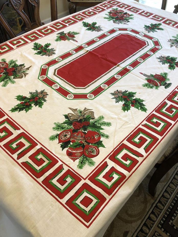 Vintage Cotton Blend Christmas Tablecloth Bows Ornaments Holly Berries 103