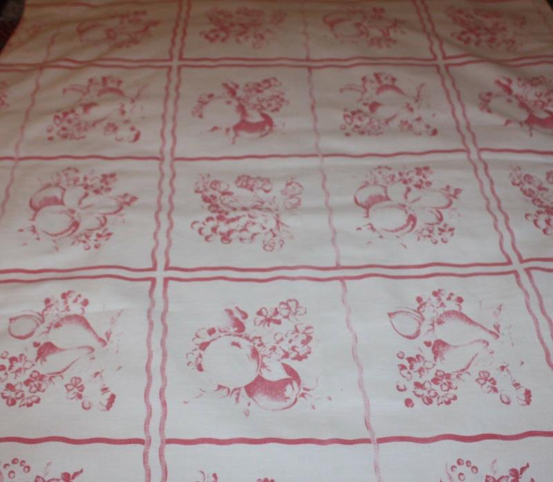 1950's Linen/Cotton (?) Small Tablecloth Pink and White Flowers and Fruits