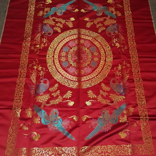 Asian Red Satin Embellished Tablecloth Bedspread Tapestry 59 x 85