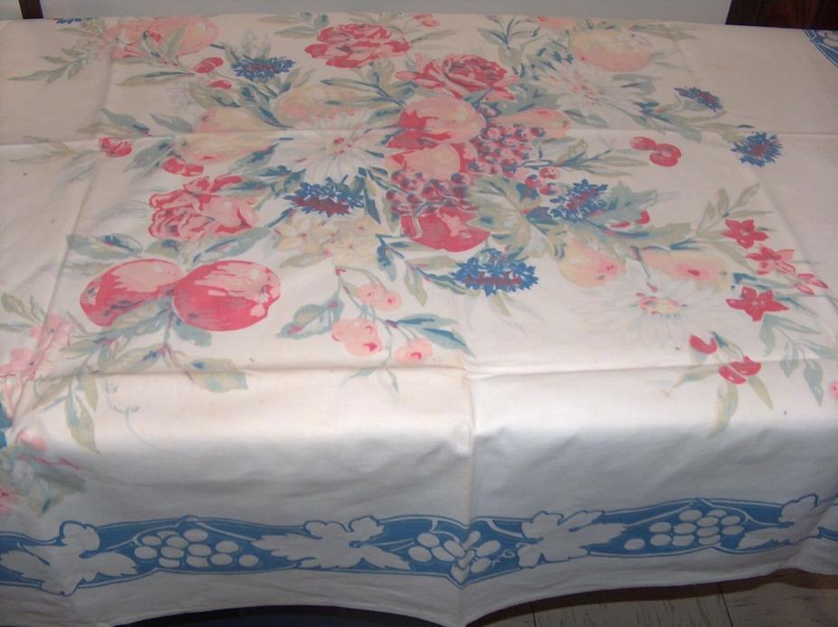 Vintage Tablecloth White w Blue Light Color Fruit & Flowers Queen Anne Shawmut