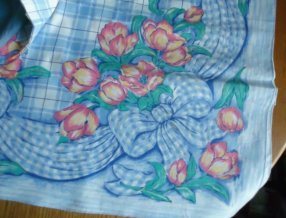 Vintage Cotton Tablecloth Blue White with Tulips 50