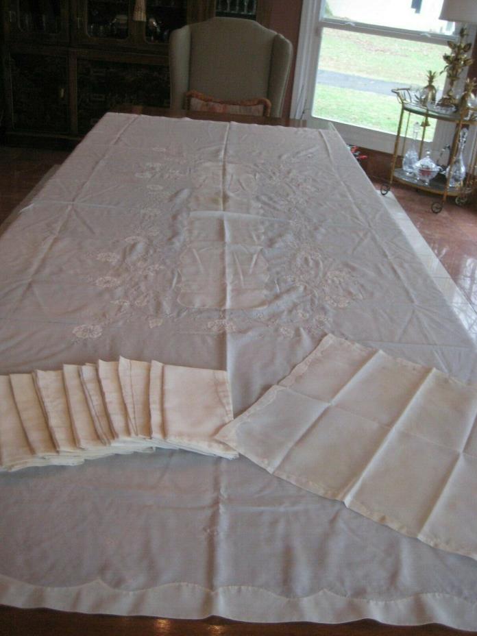 Vtg Banquet Organdy Madeira Embroidered Tablecloth 12 Napkins Applique 102 x 65