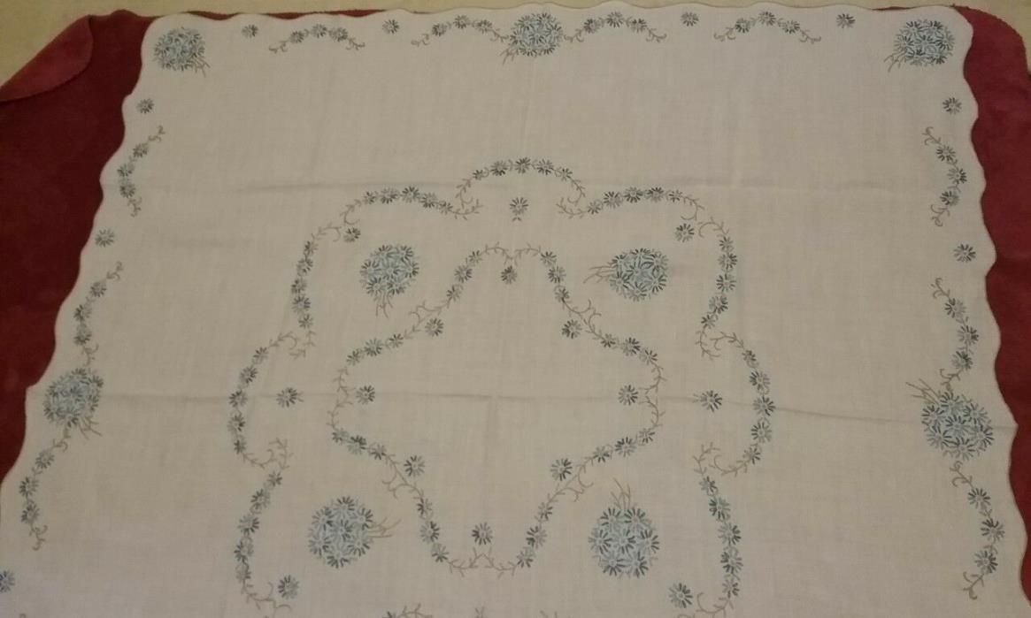 Vintage Hand Embroidery Blue Daisy Tablecloth Linen Cotton 49