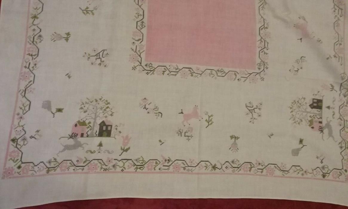 Vintage Printed Tablecloth Horses Deer Country Scene Linen Cotton 67