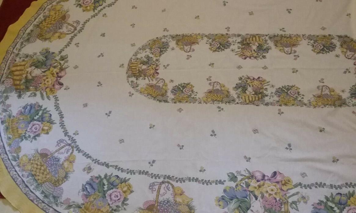 Vintage Easter Oval Tablecloth - Bunny Chicks Eggs Bouquets 89