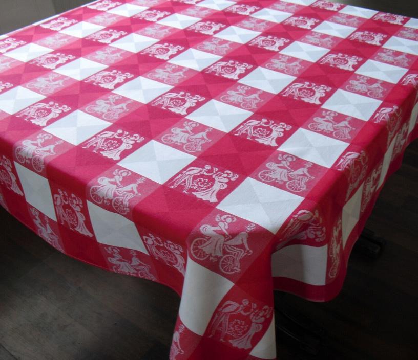 Vtg Simtex Red & White Picnic Check & Damask Tablecloth Victorian Figures 50x48