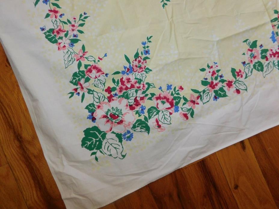 Pink Floral Yellow Tablecloth Vintage Mid Century