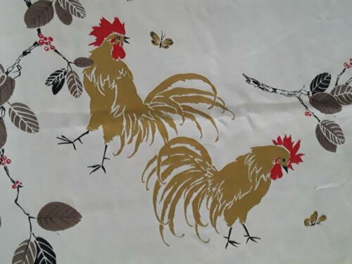 Vintage 1960s Rooster Chicken Linen Tablecloth Leaves Butterfly New Condition
