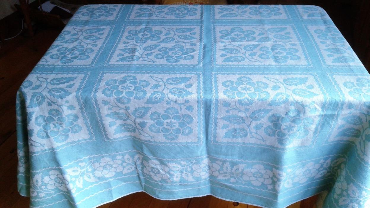 JACQUARD DAMASK TURQUOISE AND WHITE COTTON/LINEN Table CLOTH 56 x 66