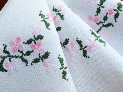 HAND - EMBROIDERED White Cotton Tablecloth PINK AND GREEN Counted Cross Stitch