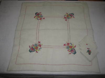 Vintage Antique Linen Tablecloth - Petit Point Vase, Flowers Plus 4 Napkins