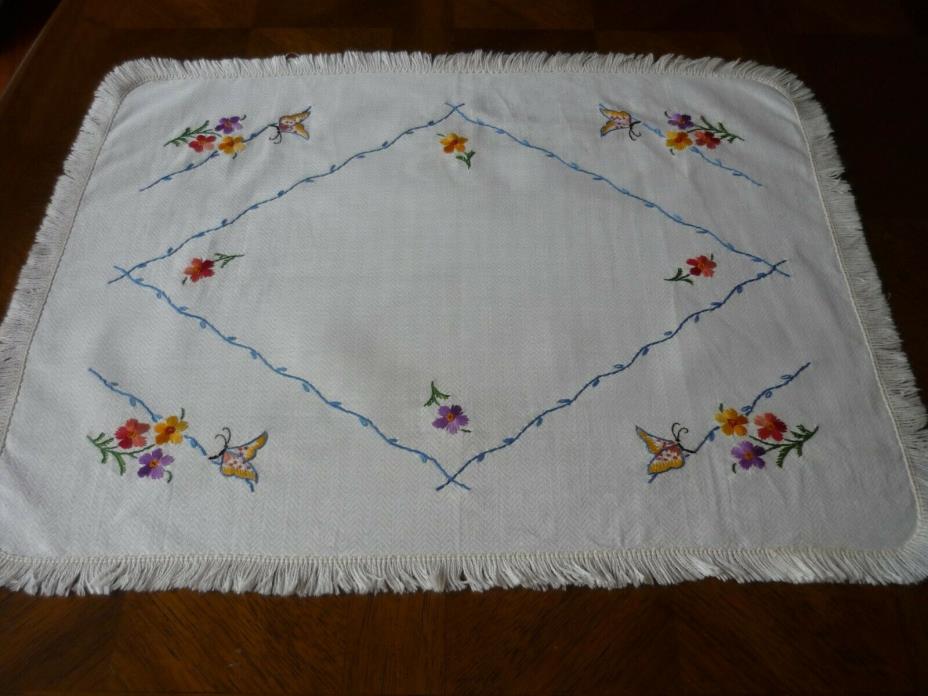 Vintage Butterflies & Flowers Embroidery on Ivory with Fringe 21