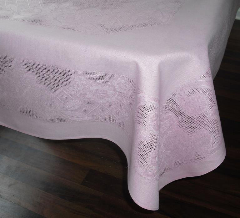 Vintage Pink Linen Tablecloth w/ 6 Napkins Openwork & Damask Flawless! 66x49