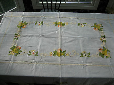 Vintage Hand Made Sheer Panel Long Table Cloth Fruit Flowers Applique
