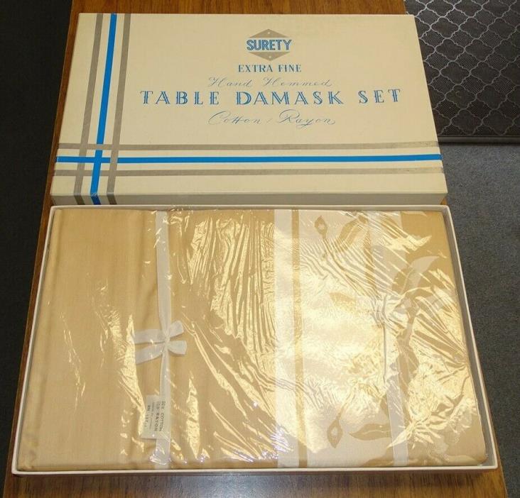 Surety Japan Damask Tablecloth & 12 Napkins Mocha Oleander 70x106