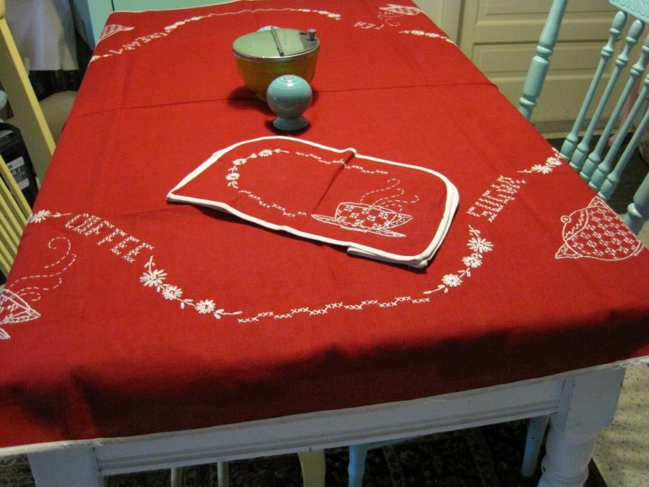 Adorable Vintage Red & White Embroidered Tablecloth w/matching Toaster Cover