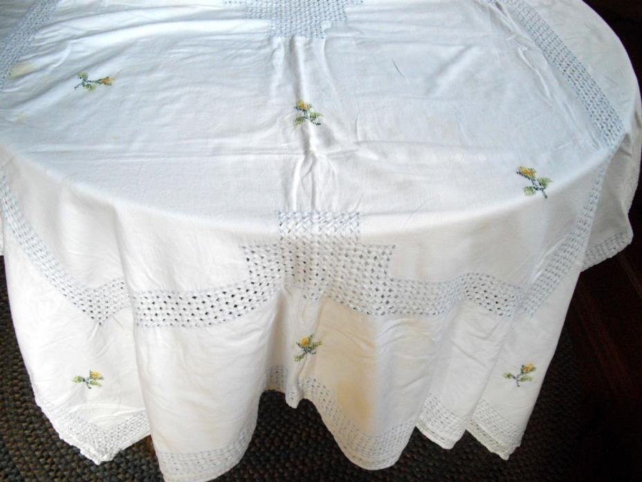 Vintage White w/ Cut-Outs & Embroidered Flowers Table Cloth  ~ 60
