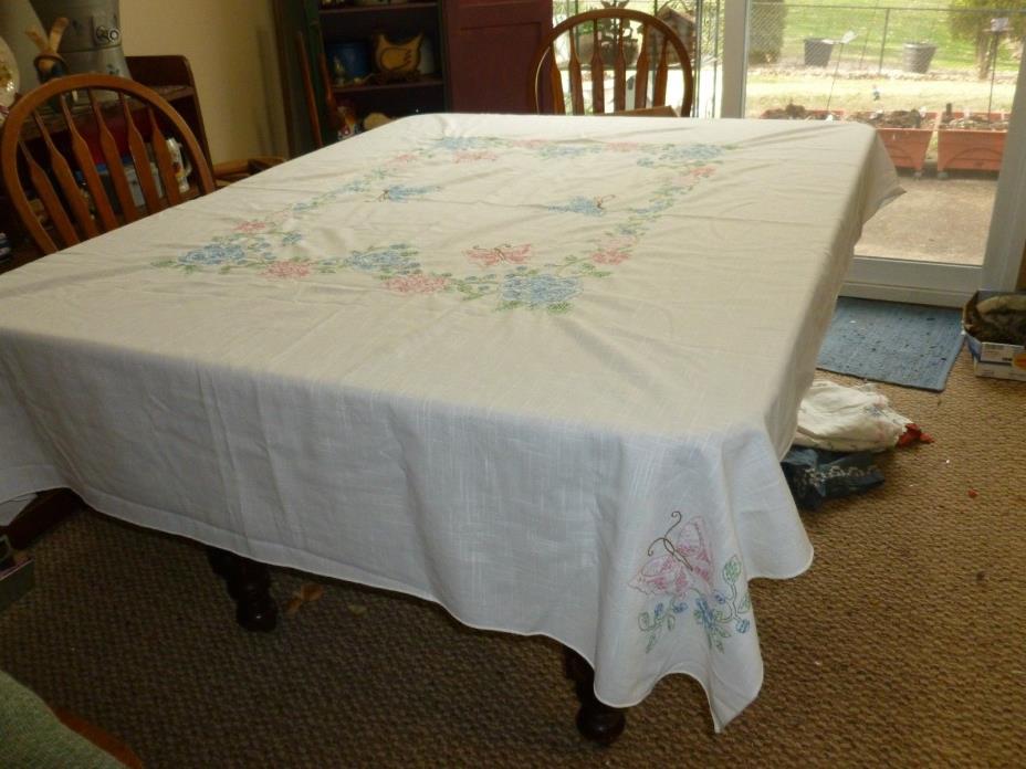Vintage Embroidered Tablecloth Butterflies Flowers Spring  Large 75