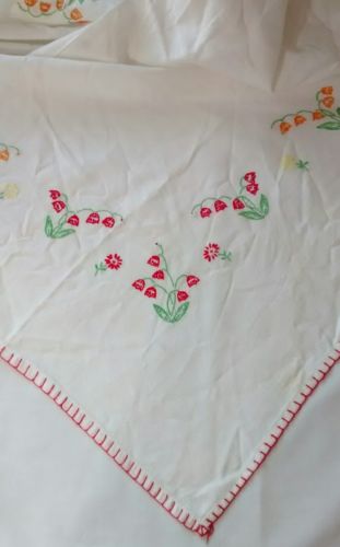 Vintage Retro Hand Embroidered Lily of the Valley Floral Square Tablecloth