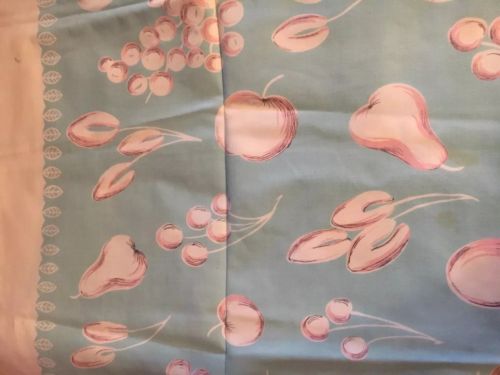 Vintage Mid Century Aqua Printed Linen Tablecloth White Fruit 25x60
