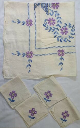 Vintage Handmade Cross Stitch Floral Linen Square Tablecloth Cloth Napkin Set