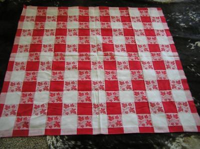 1940's Red & White Leaf Check Checkered Cottage Tablecloth Simtex USA 49