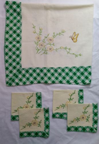 Vintage Embroidered Butterfly Floral Gingham Square Tablecloth Napkin Set